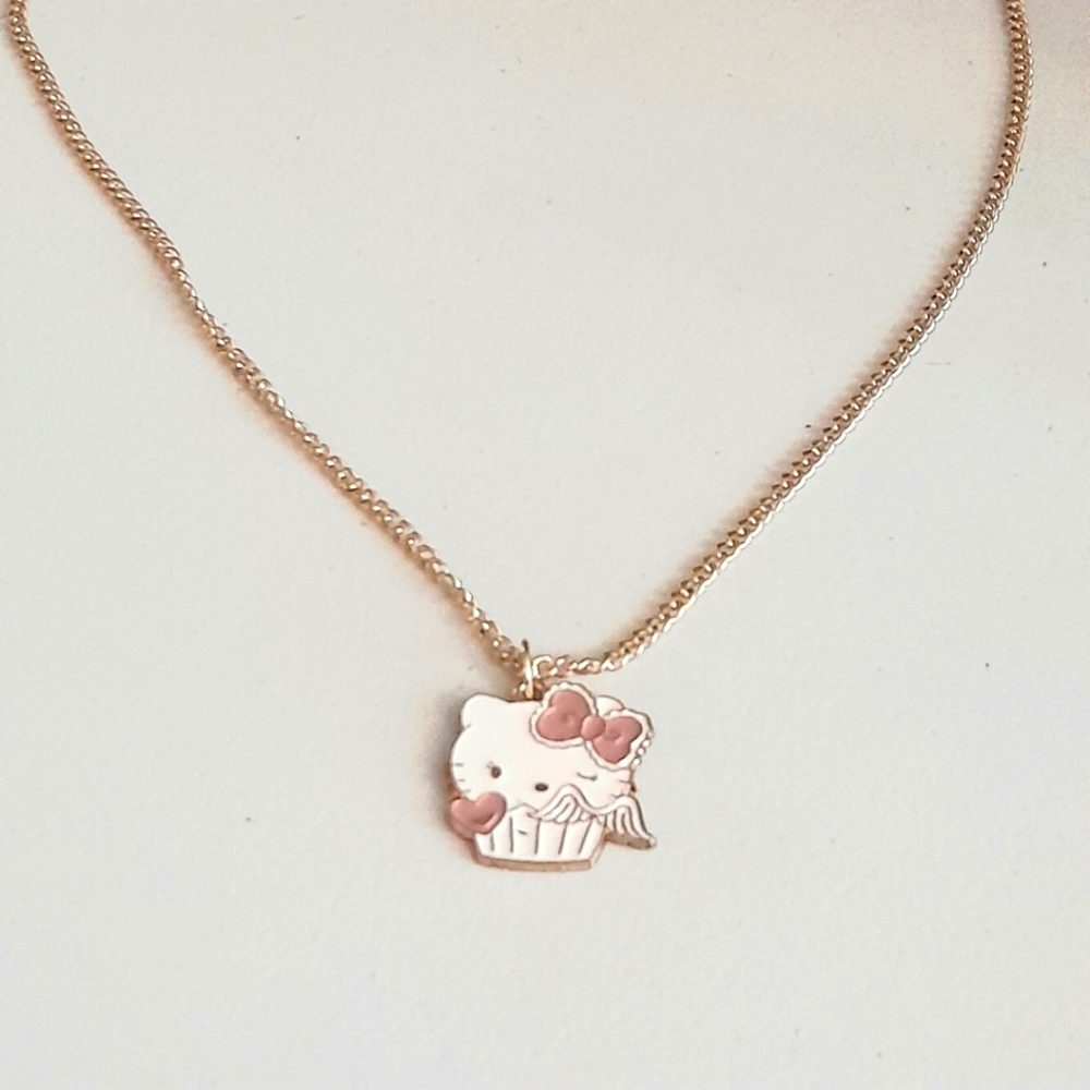 White & Pink Enamel Kitty Cat Necklace